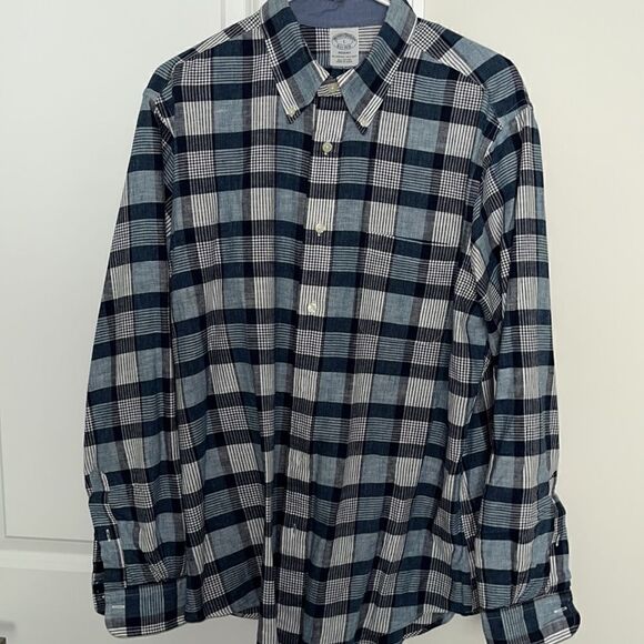 Brooks Brothers Regent model Blue Check Plaid Tartan LS Cotton casual shirt L - Picture 1 of 5